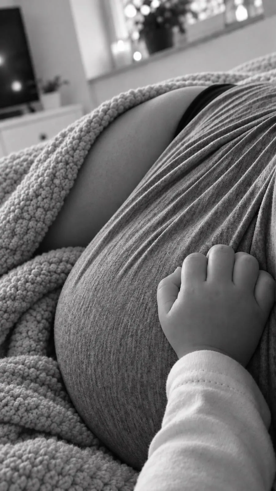 Eine Kinderhand liegt auf einem schwangeren Bauch