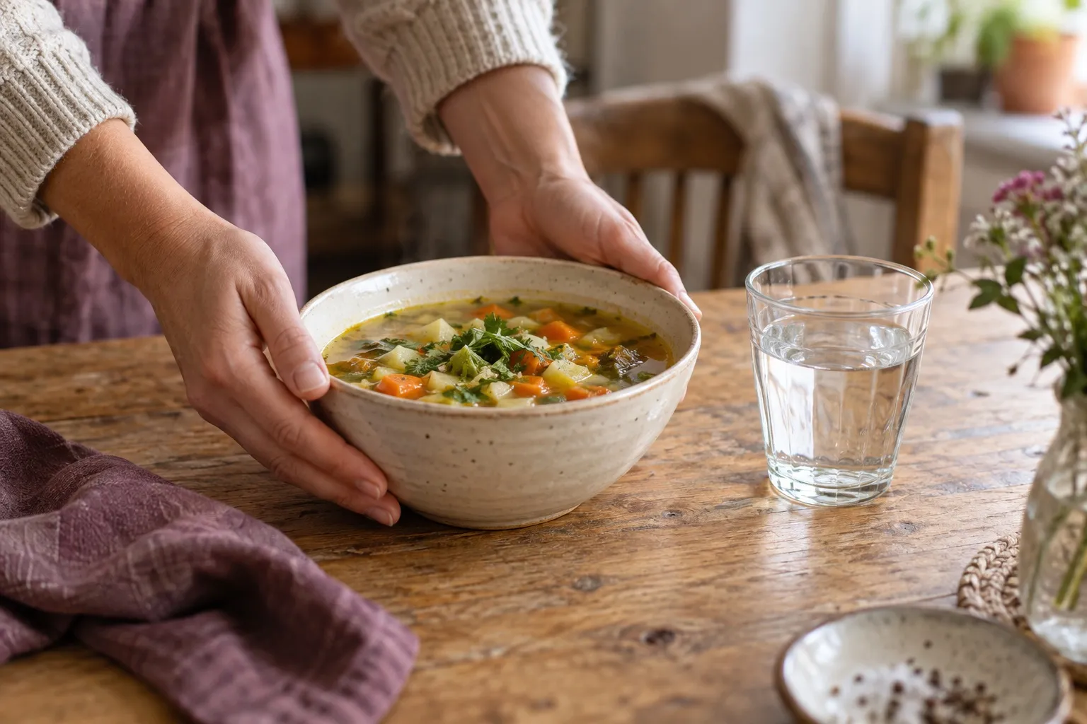 Illustratives Motiv: Hände stellen eine Schale Gemüsesuppe neben ein Glas Wasser